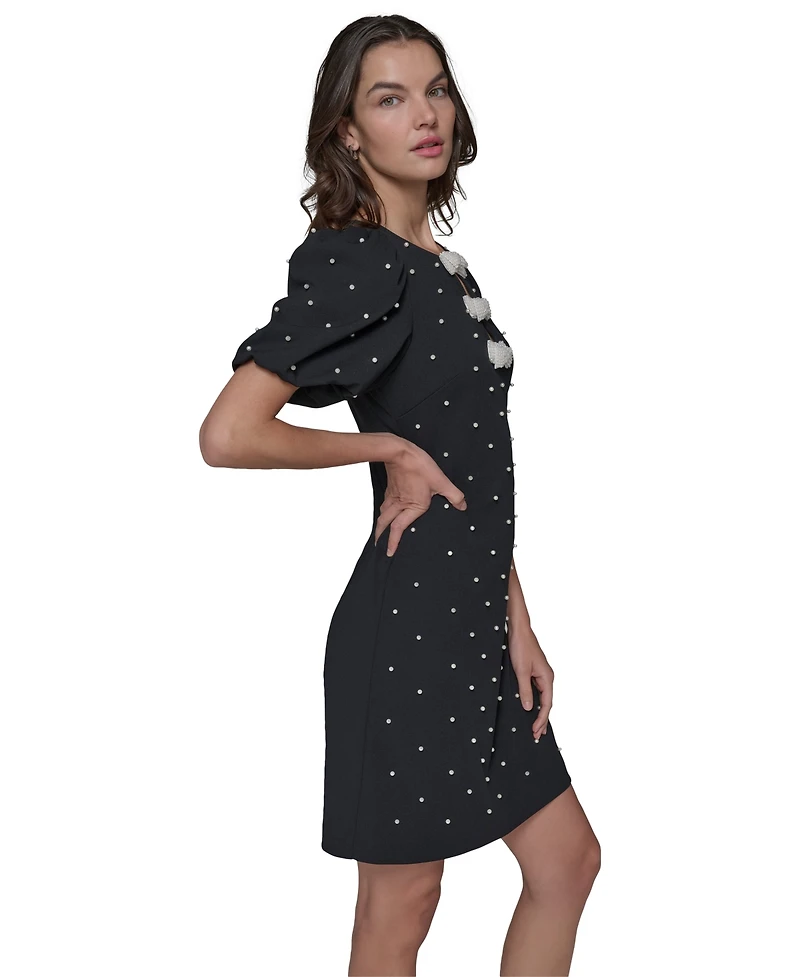 Karl Lagerfeld Paris Women's Scuba Crepe Sheath with Neckline Pearl Bow Details Dress