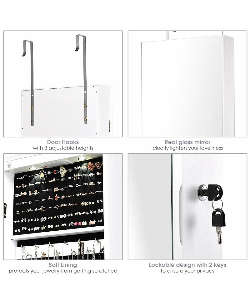 Sugift Wall and Door Mounted Mirrored Jewelry Cabinet with Lights-White