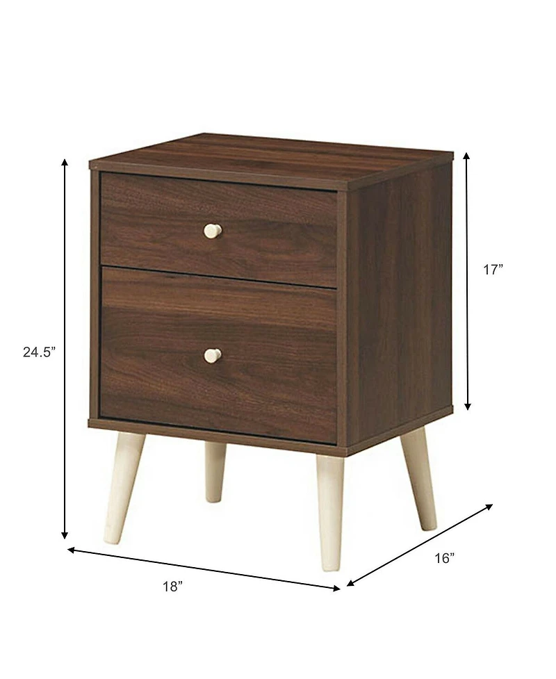 Sugift 2-Drawer Nightstand Beside End Side Table with Rubber Legs-Brown