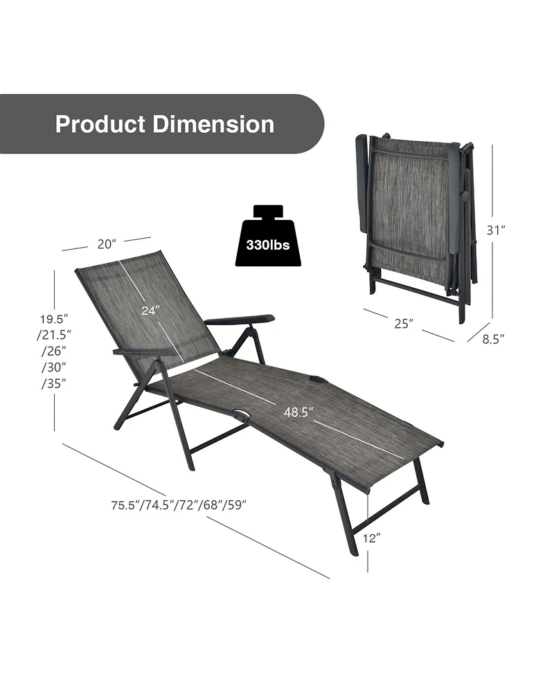Sugift 2 Pieces Foldable Chaise Lounge Chair with 2-Position Footrest-Gray