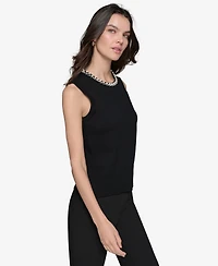 Karl Lagerfeld Paris Women's Embellished-Neck Sleeveless Knit Top