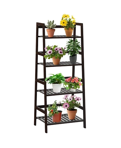 Sugift 4-Tier Bamboo Plant Rack with Guardrails Stable and Space-Saving-Brown