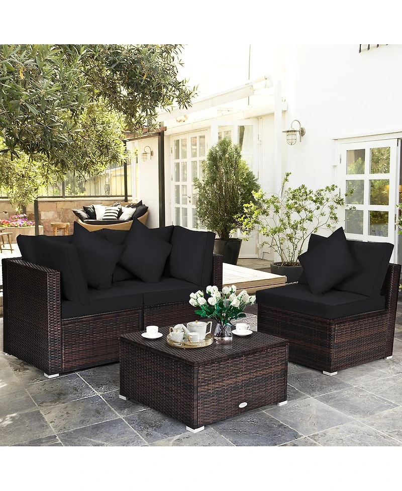 Sugift 4 Pieces Ottoman Garden Patio Rattan Wicker Furniture Set with Cushion-Black