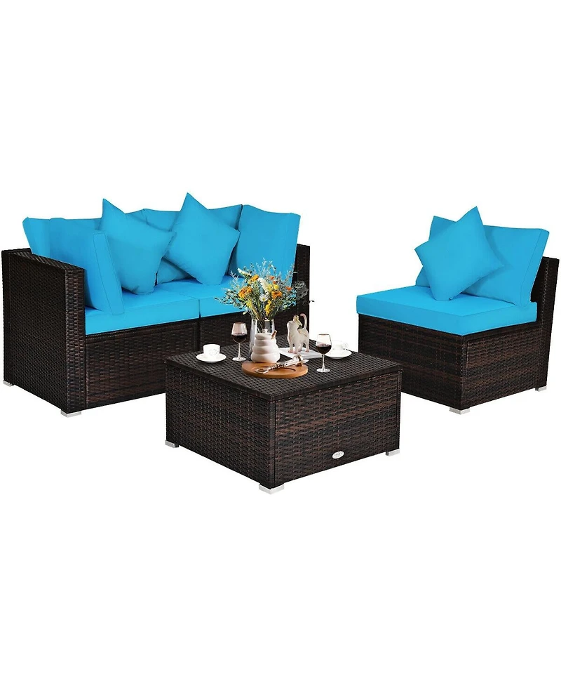 Sugift 4 Pcs Ottoman Garden Deck Patio Rattan Wicker Furniture Set Cushioned Sofa-Turquoise