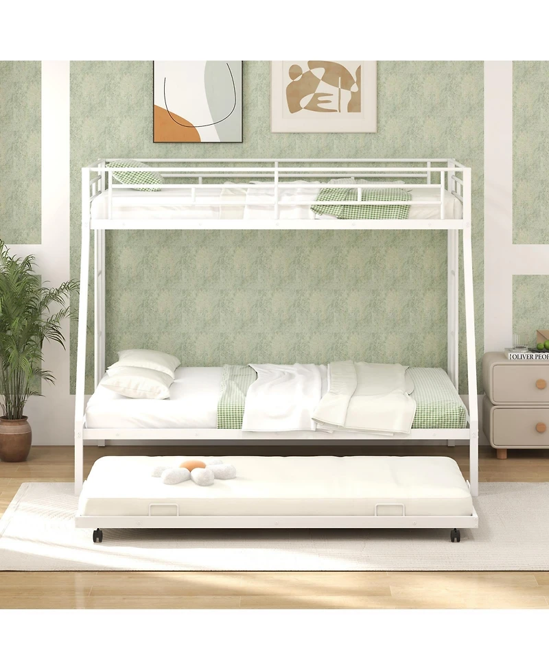 Sugift Twin Over Full Bunk Bed Frame with Trundle for Guest Room-White