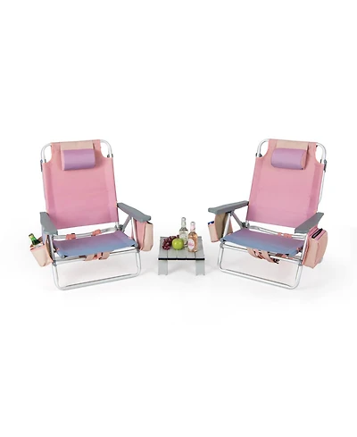 Sugift 2 Packs 5-Position Outdoor Folding Backpack Beach Table Chair Reclining Chair Set-Pink