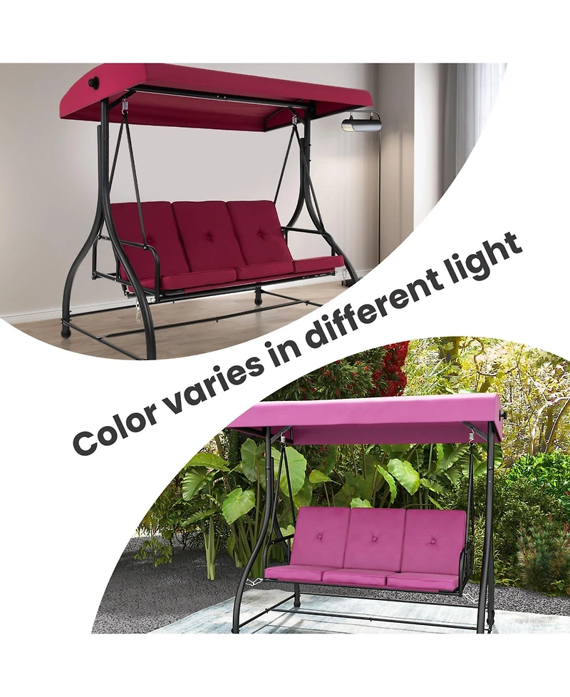 Sugift 3 Seat Outdoor Porch Swing with Adjustable Canopy-Wine