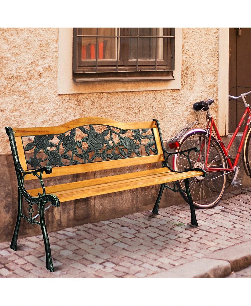 Sugift Garden Bench Chair Outdoor Wooden Loveseat with Iron Armrest