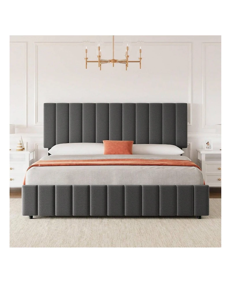 gaomon Bed Frame With 4 Storage Drawers And Adjustable Headboard, Linen Upholstered Platform Bed Frame With Wooden Slats Support