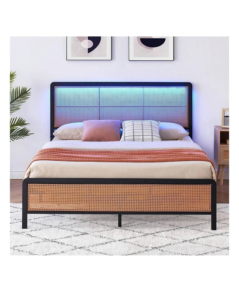gaomon Rattan Bed Frame With Headboard And Footboard, Heavy Duty Metal Platform Storage, Easy Assembly, No Box Spring Needed, Mattress