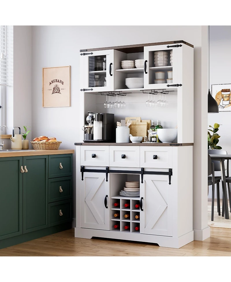 gaomon 72" Farmhouse Bar Cabinet with Sliding Barn Door, Tall Kitchen Buffet with Storage Hutch and 3 Drawer