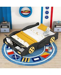 gaomon Full Size Platform Bed, Solid Wood Race Car-Shaped Bed Frame With Wheels And Storage Space For Boys Girls Teens Bedroom, No Box Spring Needed