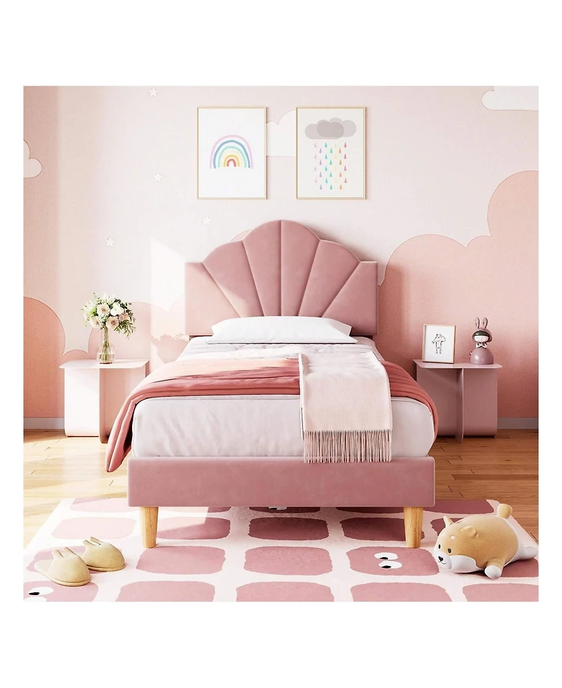 gaomon Twin Platform Bed Frame, Velvet Upholstered Platform Bed Frame With Height Adjustable Headboard, Strong Wood Slat Support, Solid And Stable, Ea