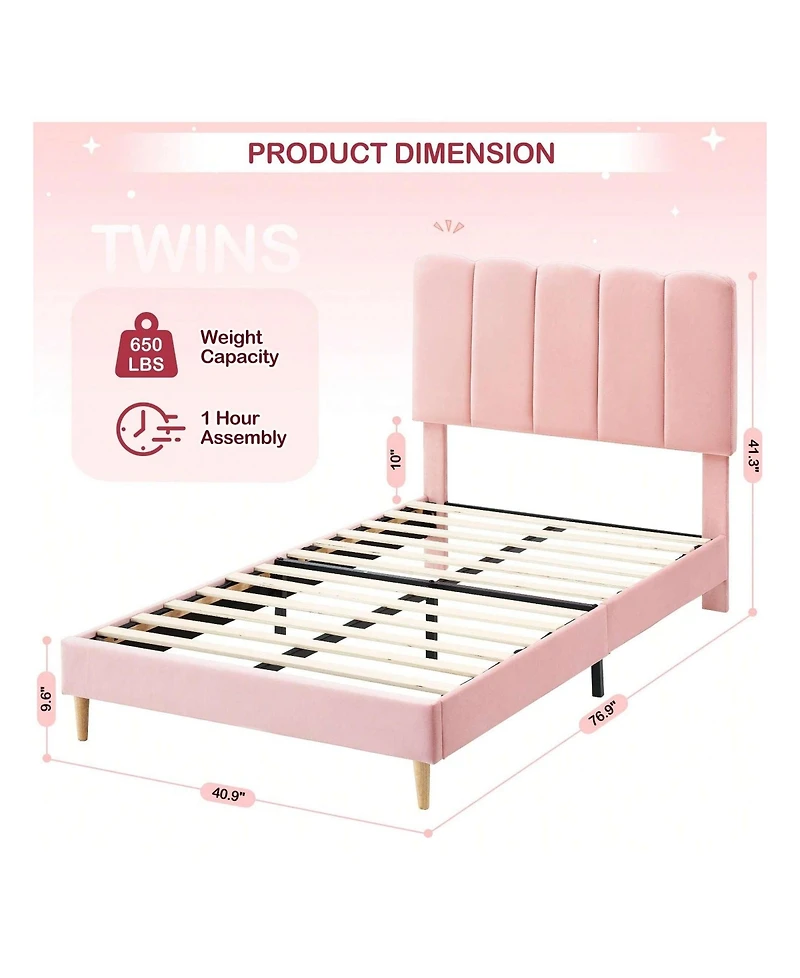 gaomon Twin Bed Frame For Girls, Velvet Upholstered With Headboard, No Box Spring Needed, Wooden Slats Support, Easy Assembly