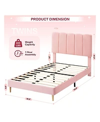 gaomon Twin Bed Frame For Girls, Velvet Upholstered With Headboard, No Box Spring Needed, Wooden Slats Support, Easy Assembly