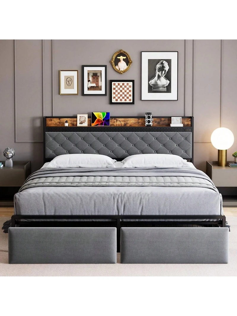 gaomon Full/Queen/King Led Bed Frame With Headboard, Upholstered Platform Bed With Charge Station And Storage Drawers, Heavy Duty Metal Slats, No Box