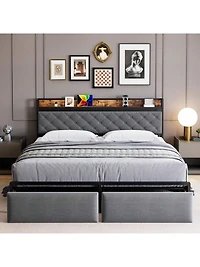 gaomon Full/Queen/King Led Bed Frame With Headboard, Upholstered Platform Bed With Charge Station And Storage Drawers, Heavy Duty Metal Slats, No Box
