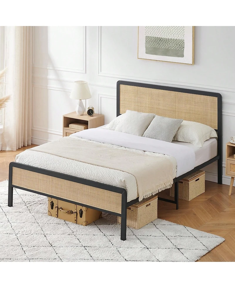 gaomon Bed Frame, Metal Bed Frame With Rattan Headboard And Footboard, Platform Bed Frame With Safe Rounded Corners, Under Bed Storage, Strong Metal S