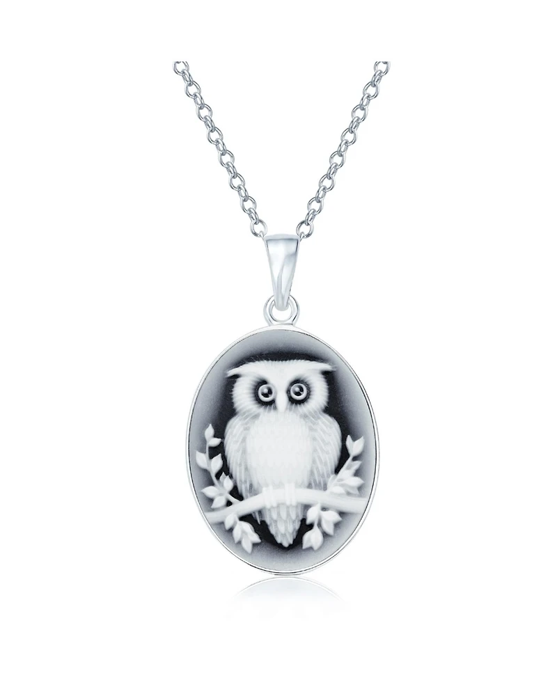 Bling Jewelry Carved Oval Branch Small Owl Synthetic Black Onyx Cameo Pendant Necklace Sterling Silver