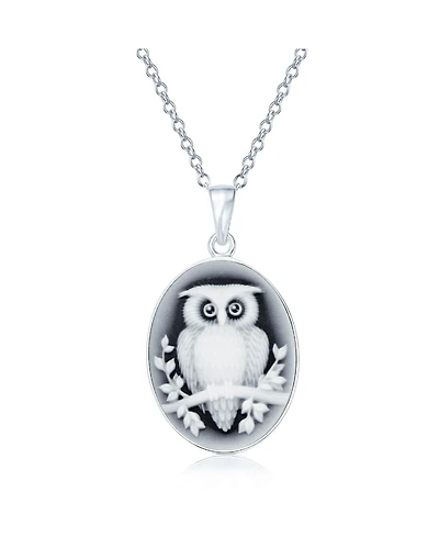 Bling Jewelry Carved Oval Branch Small Owl Synthetic Black Onyx Cameo Pendant Necklace Sterling Silver