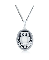Bling Jewelry Carved Oval Branch Small Owl Synthetic Black Onyx Cameo Pendant Necklace Sterling Silver