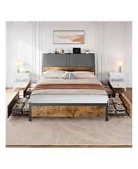 gaomon Full Bed Frame With Charging Station And 4 Storage Drawers, Metal Platform Bed With Ergonomic Large Storage Headboard, Noise-Free, No Box Sprin