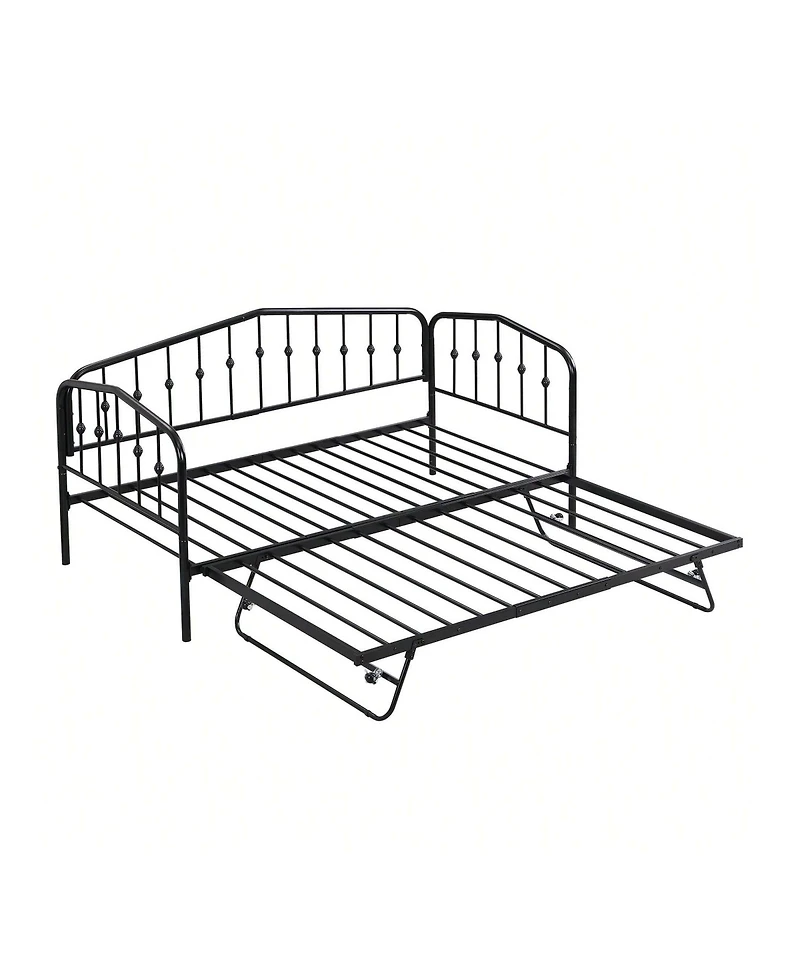 gaomon Twin Size Metal Daybed With Trundle,Sofa Bed Frame With Portable Folding Trundle For Kids Teens Adults, Steel Slat Support,Easy To Assemble & N