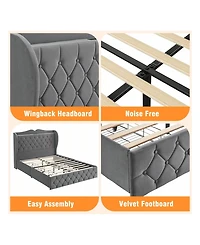 gaomon Bed Frame With Charging Station And 4 Storage Drawers, Velvet Upholstered Tall Tufted Wingback Headboard And Storage Shelf, No Box Spring Neede