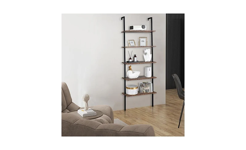 Slickblue Industrial Wall-Mounted Bookcase 5-Tier Open Ladder Shelf with Metal Frame for Stylish Storage