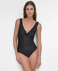 Dkny Ruffle Plunge Underwire Tummy Control One-Piece Swimsuit, Created for Macy's
