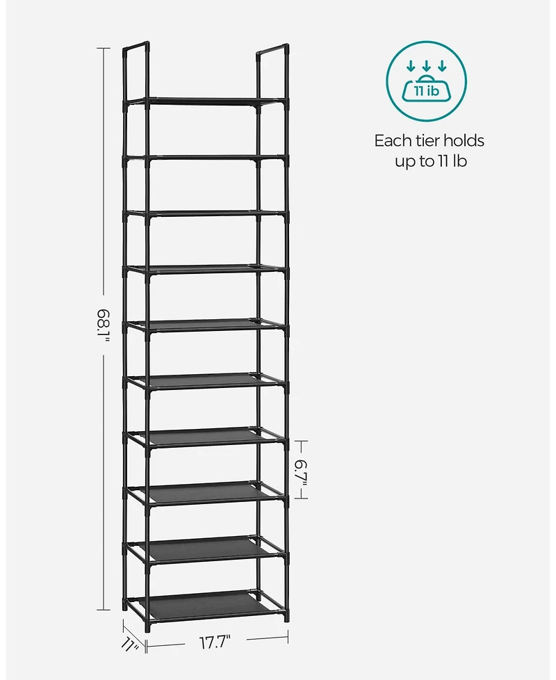 Songmics Home 10 Tier Shoe Shelf with Metal Frame & Non-Woven Fabric Shelves, Black
