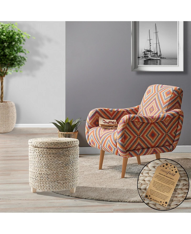 Casafield 17" Round Storage Ottoman with Lid - Whitewash, Handwoven Footstool for Living Room, Bedroom, Bathroom, Home Office