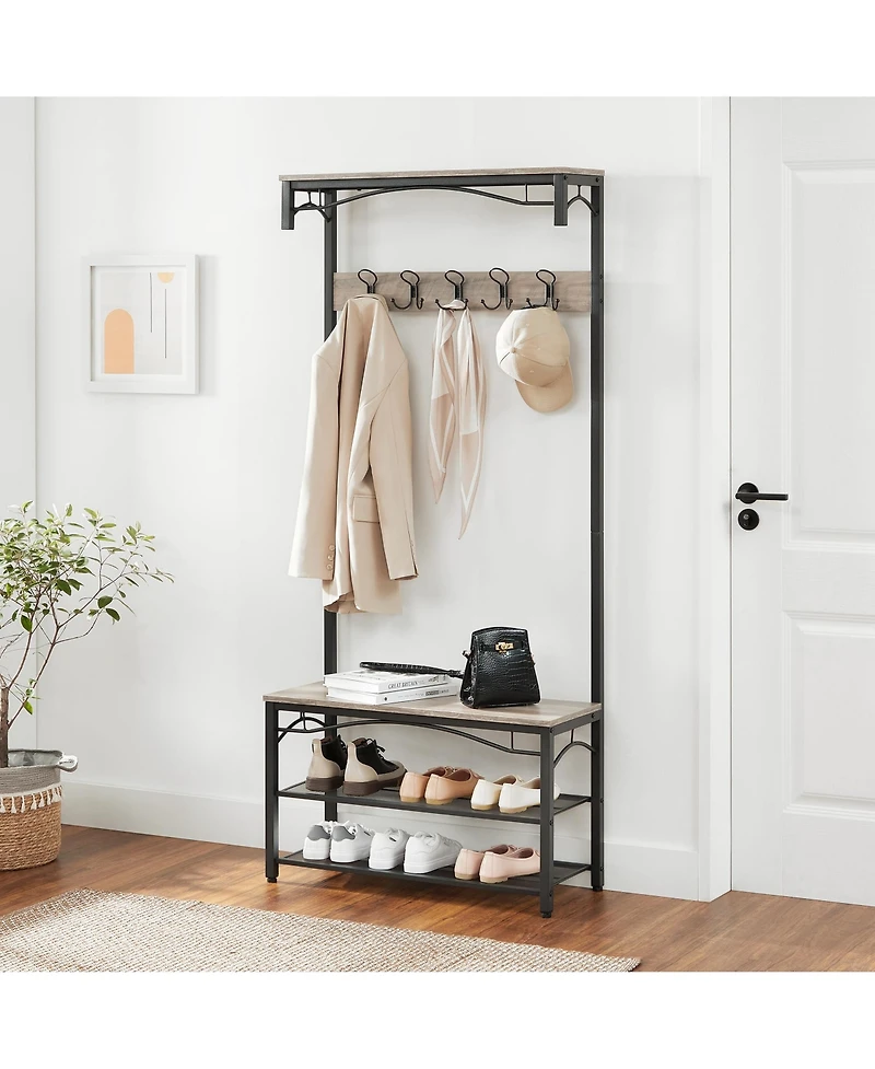Songmics Home Industrial Style Coat Rack with Shoe Storage, 3-Tier Storage Shelf for Entryway, Greige