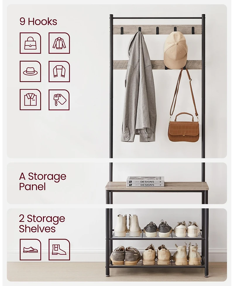 Songmics Home Entryway Industrial Style Coat Rack with Shoe Storage, 3-in-1 Design Steel Frame, Grey
