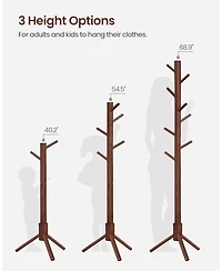 Songmics Home Solid Wood Tree-Shaped Coat Rack with 8 Hooks & 3 Height Options, Dark Walnut