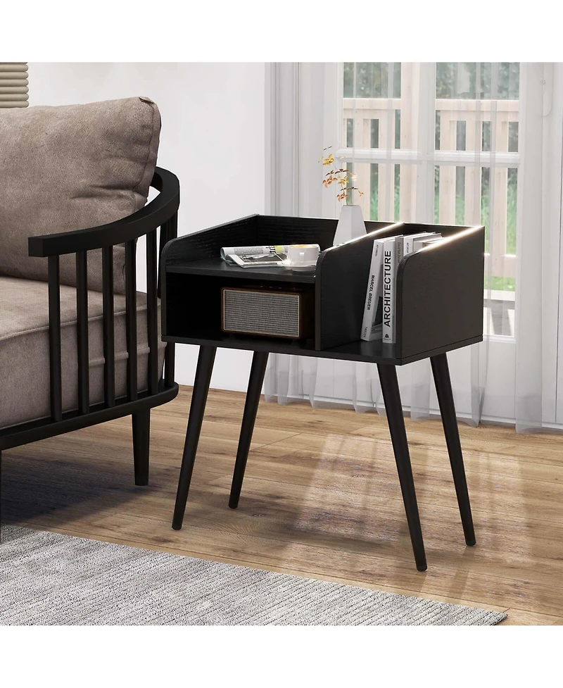 Costway Mid Century Modern End Table with Open Shelves Metal Support Legs for Bedroom