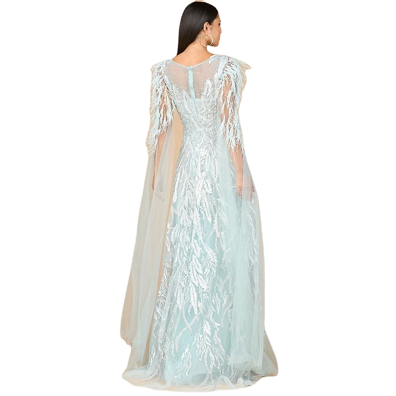 Lara Women's V - Neck Gown with Long Cape Sleeves