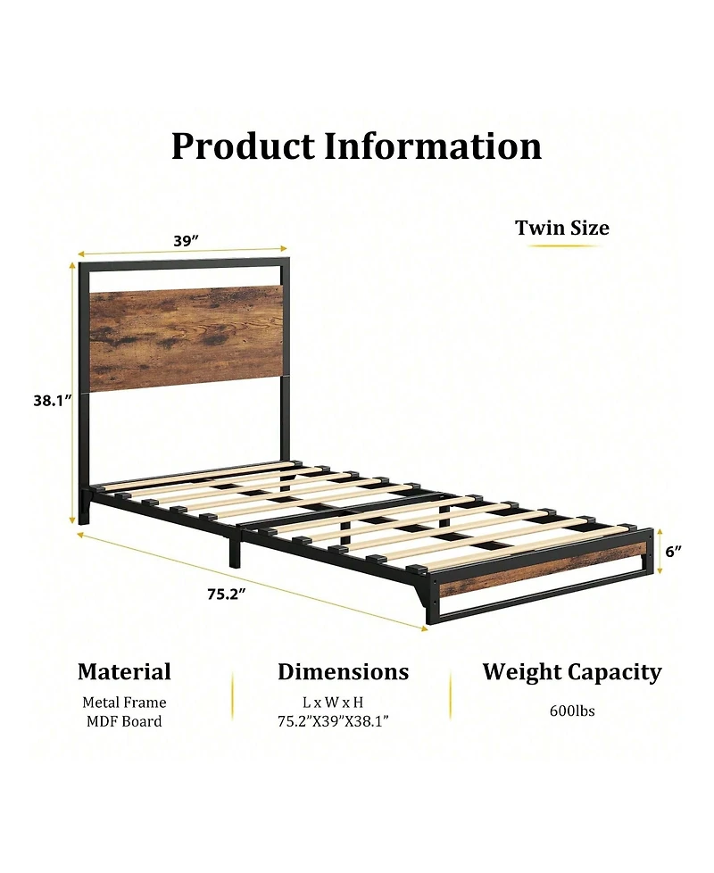 gaomon Inch Metal Platform Bed Frame With Wooden Headboard And Footboard, Mattress Foundation