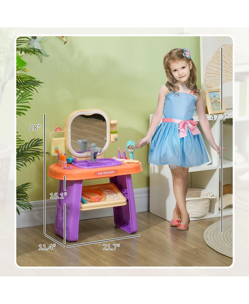 Qaba Kids Vanity Set with Mirror, Led Light, Music, 23 Accessories