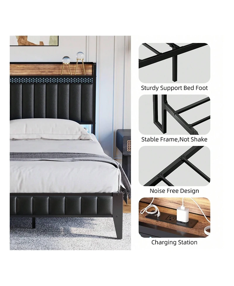 gaomon Full/Queen/King Size Bed Frame With Charging Station, Led Bed Frame With Storage Headboard, Upholstered Platform Bed Frame
