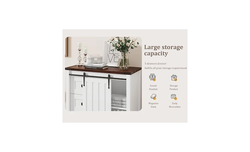 gaomon Dresser, 5 Drawers Dresser for Bedroom with Sliding Barn Door, Adjustable Shelf, Farmhouse Tall Chest