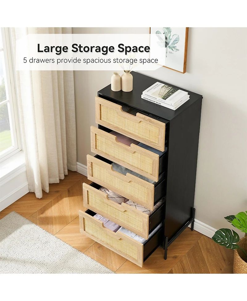 Modern Rattan 5 Drawers Dresser, Double Dresser for Bedroom, Chest of Drawers Closet Organizers and Storage Clothes