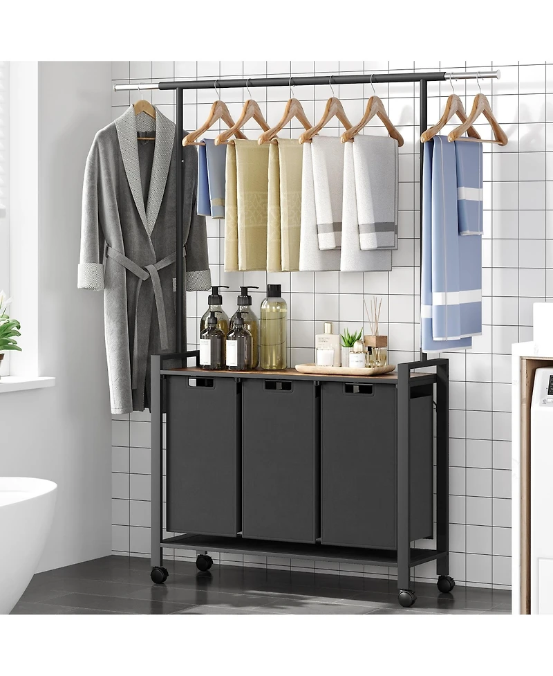 gaomon Laundry Sorter, Laundry Hamper 3-Section With Hanging Rack, Rolling Laundry Hamper With Removable Laundry Basket