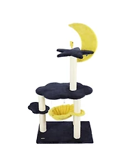 Aurora 49" 3-Tier Modern Sisal Moon And Stars Cat Tree with Scratching Posts, Basket, and Fuzzy Bell Toys, Navy/Yellow/White