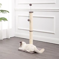 Rylie 38" Farmhouse Sisal Pillar Cat Scratching Post with Fuzzy Toys and Spring Balls, Gray/Cream