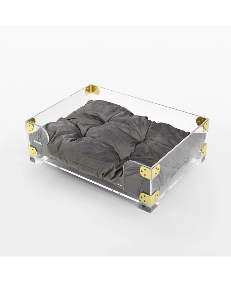 Haines 21.5" x 15.25" Small/Medium Modern Acrylic Velvet Pet Bed with Washable Cushion, Dark Gray/Clear