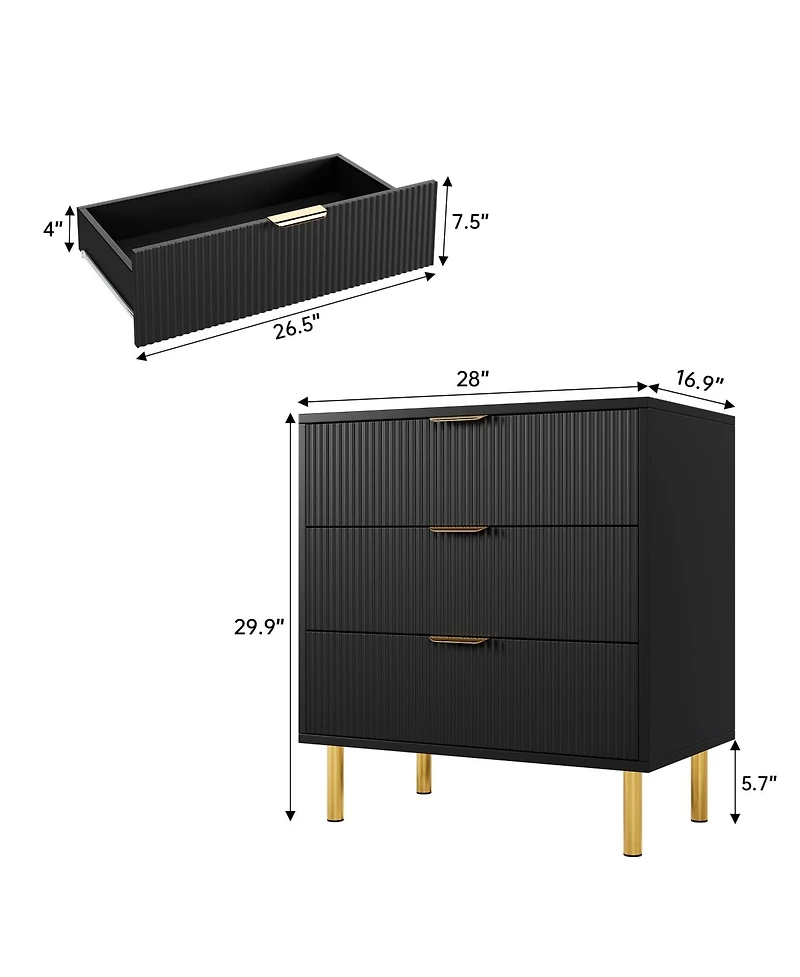 gaomon Black Dresser, Modern 3 Drawer Dresser for Bedroom with Gold Handle and Large Drawer