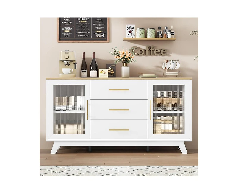 gaomon Coffer Bar Cabinet with 2 Fluted Glass Doors, 56" Modern Sideboard Buffet Cabinet with 3 Drawers, White Large Storage Cabinet for Kitchen Dinin