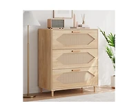 Dresser for Bedroom with 3 Drawers, Rattan Dresser with Spacious Storage, Modern Wooden Closet Dressers Chest of Drawers, Wood Nightstand for Bedroom