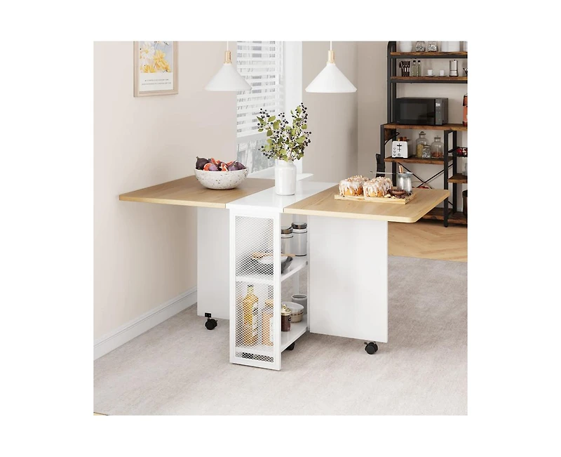 gaomon Folding Dining Table, Drop Leaf Dining Table with 6 Wheels and 2-Layer Storage Shelf, Space Saving Dining Table for Small Spaces Collapsible Ex